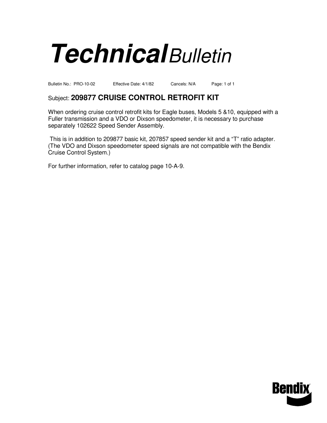 BENDIX TCH-010-002 manual TechnicalBulletin, Subject 209877 Cruise Control Retrofit KIT 