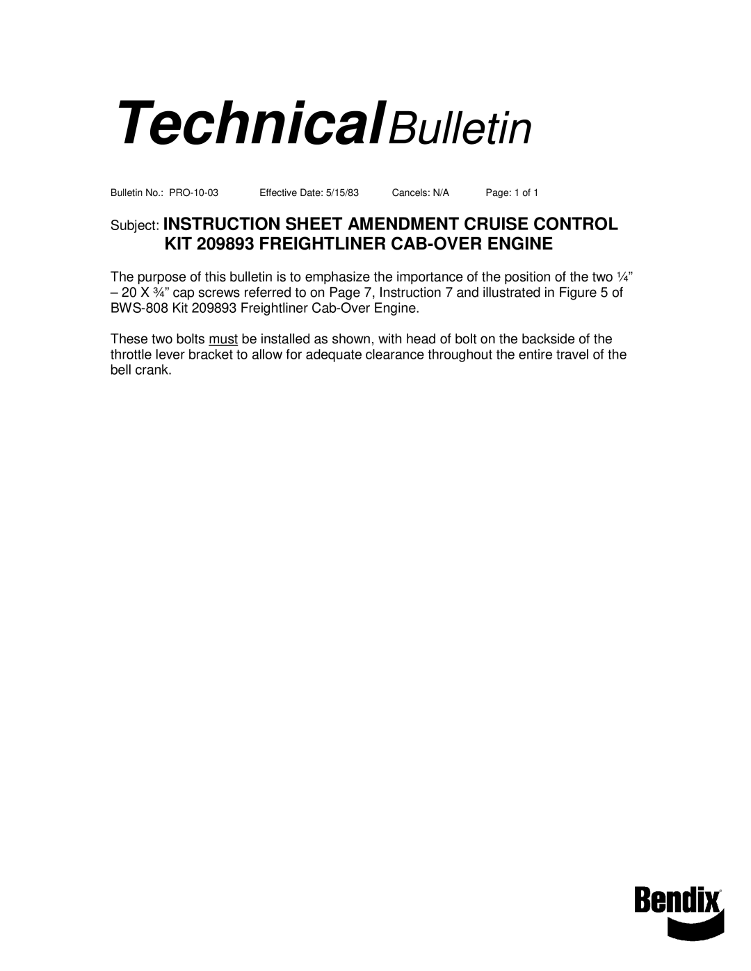 BENDIX TCH-010-003 manual TechnicalBulletin, KIT 209893 Freightliner CAB-OVER Engine 