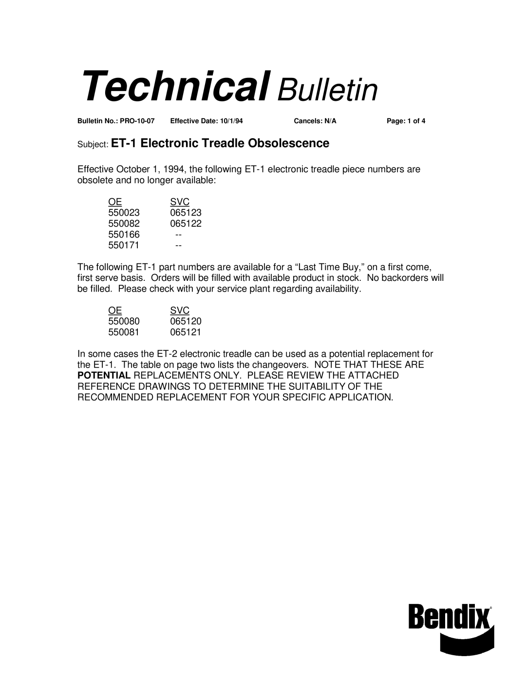 BENDIX TCH-010-007 manual Technical Bulletin 