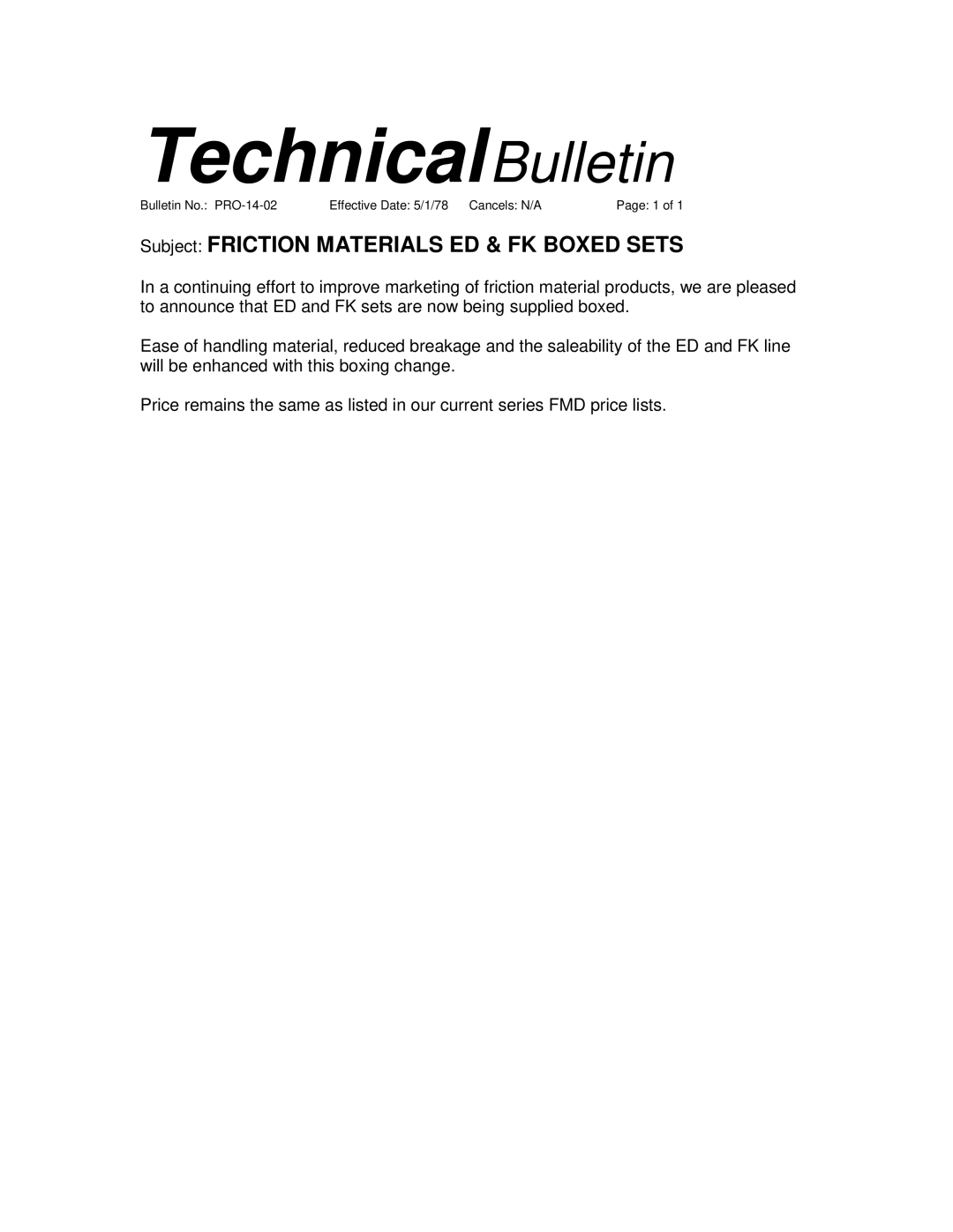 BENDIX TCH-014-002 manual TechnicalBulletin, Subject Friction Materials ED & FK Boxed Sets 