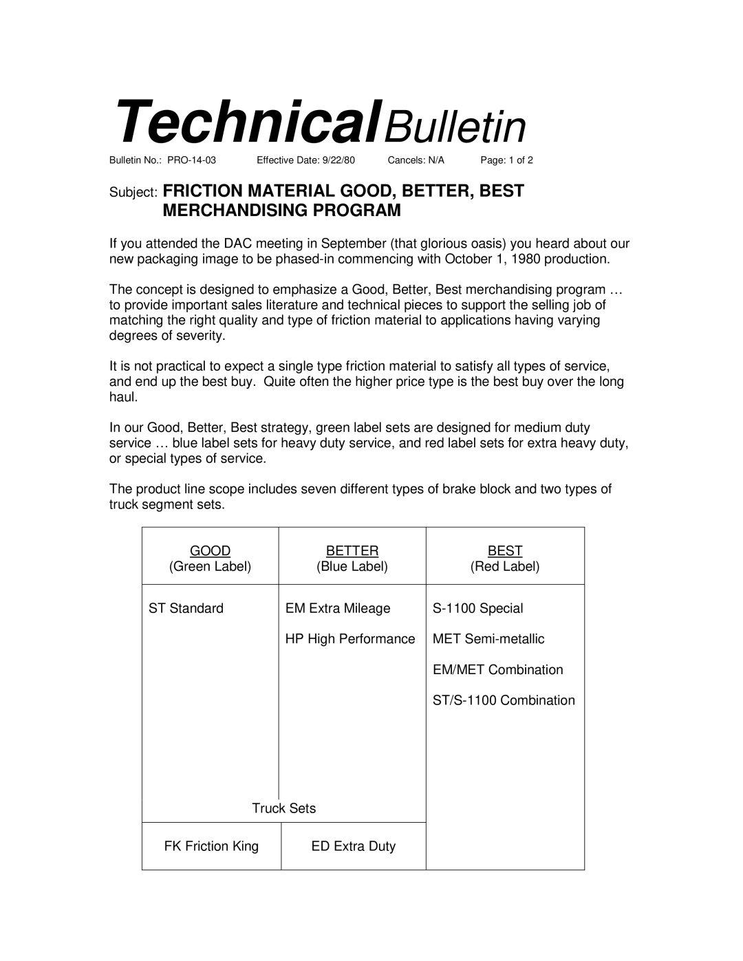 BENDIX TCH-014-003 manual TechnicalBulletin, Merchandising Program, Good Better Best 