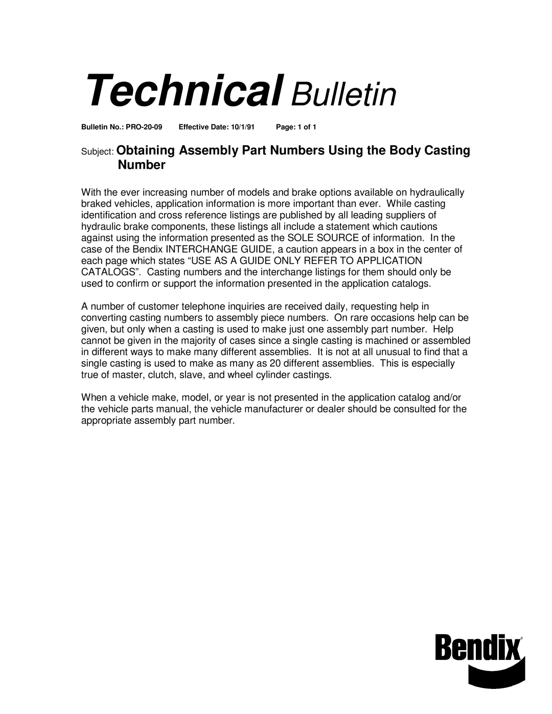 BENDIX TCH-020-009 manual Technical Bulletin 
