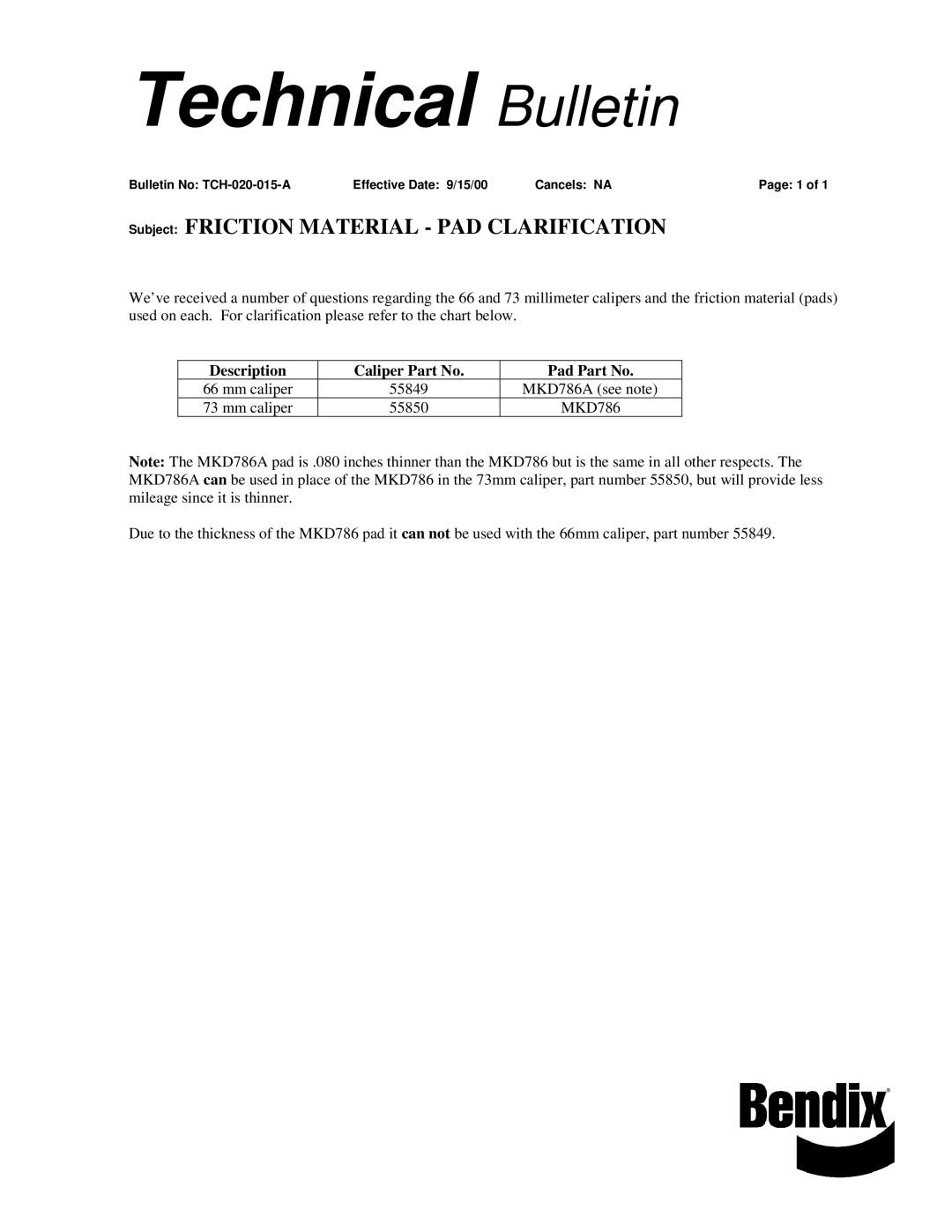 BENDIX TCH-020-015-A manual Technical Bulletin, Subject Friction Material PAD Clarification 