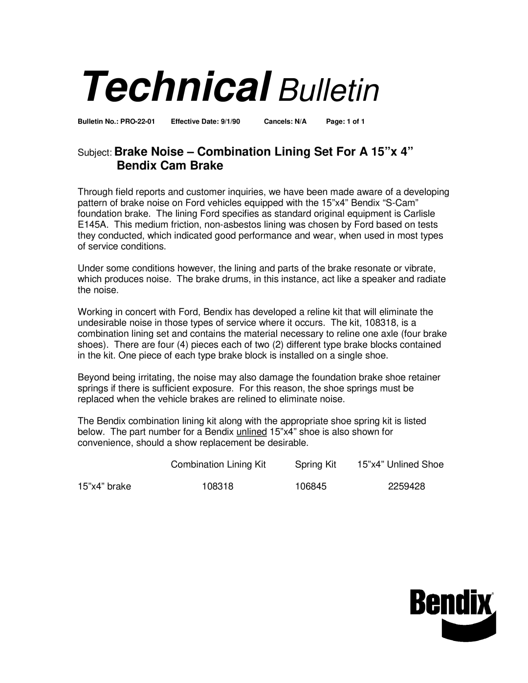 BENDIX TCH-022-001 manual Technical Bulletin 