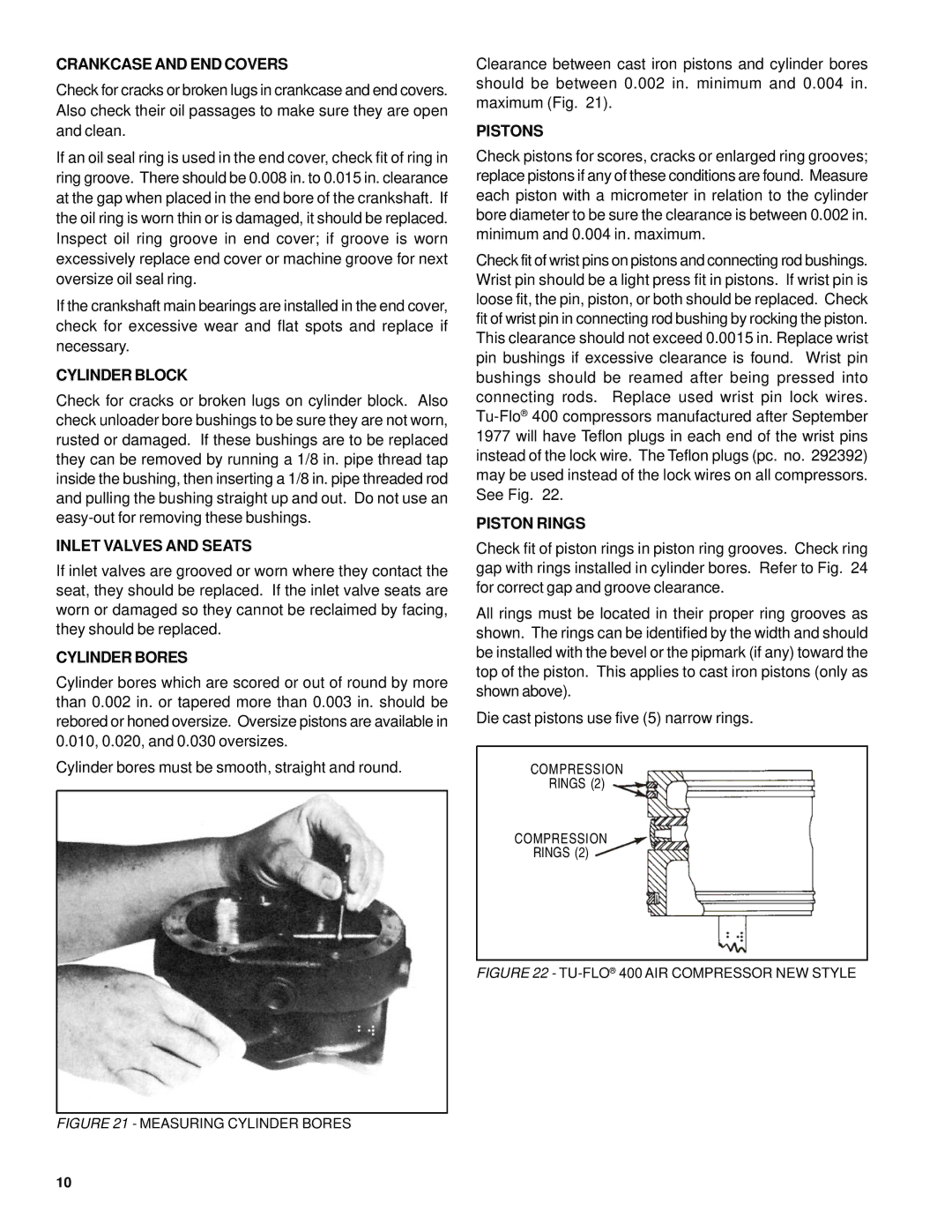 BENDIX TU-FLO 400-500-1000 AIR COMPRESSOR manual Crankcase and END Covers, Inlet Valves and Seats, Cylinder Bores, Pistons 