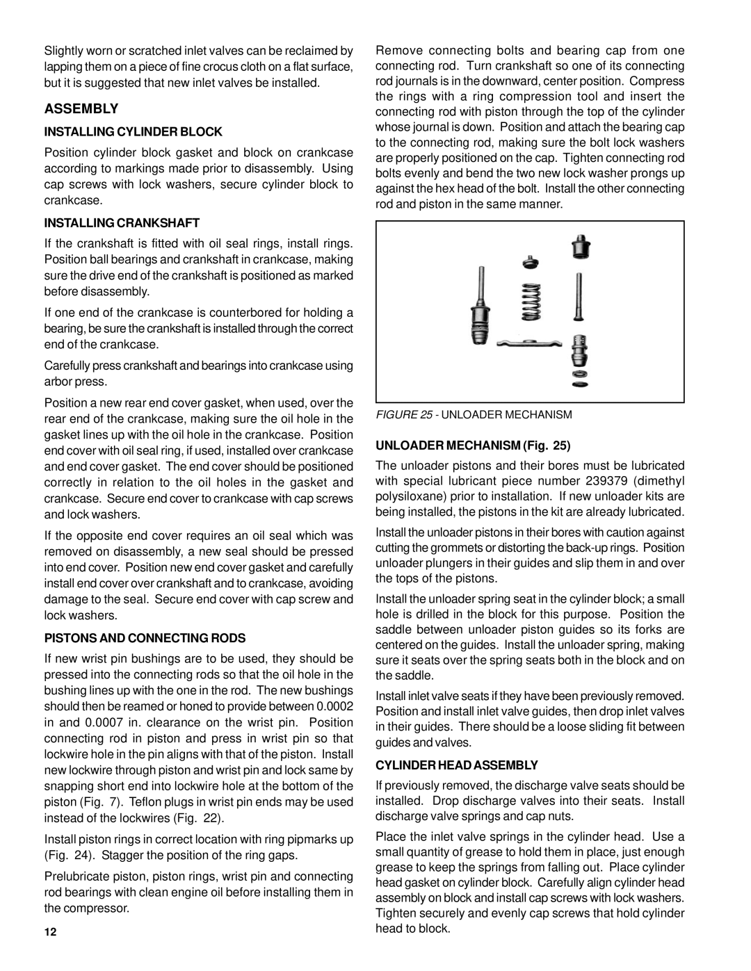 BENDIX TU-FLO 400-500-1000 AIR COMPRESSOR manual Assembly, Installing Cylinder Block, Installing Crankshaft 