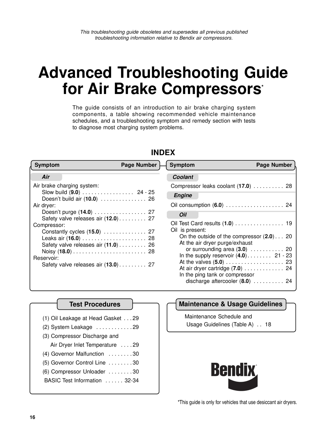 BENDIX TU-FLO 400-500-1000 AIR COMPRESSOR manual Test Procedures, Maintenance & Usage Guidelines, Symptom Number 