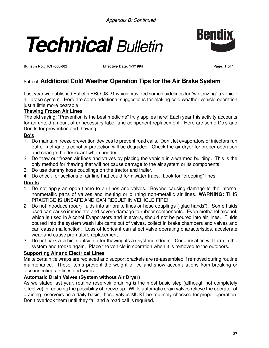 BENDIX TU-FLO 400-500-1000 AIR COMPRESSOR manual Thawing Frozen Air Lines 