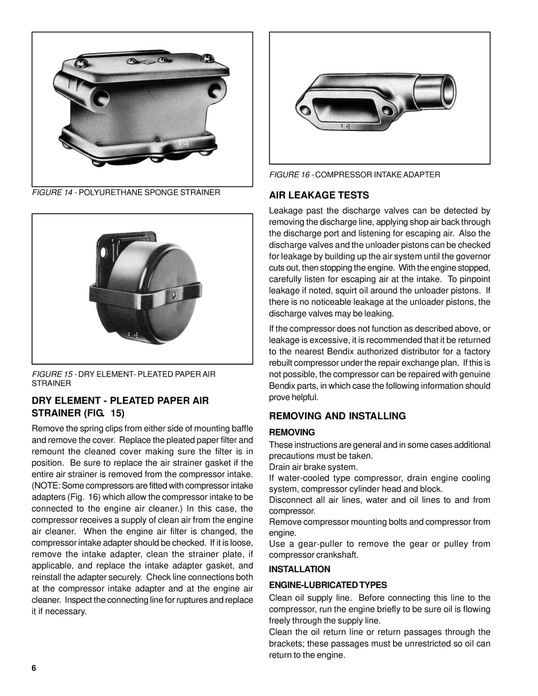 BENDIX TU-FLO 400-500-1000 AIR COMPRESSOR manual DRY Element Pleated Paper AIR Strainer FIG, AIR Leakage Tests, Removing 