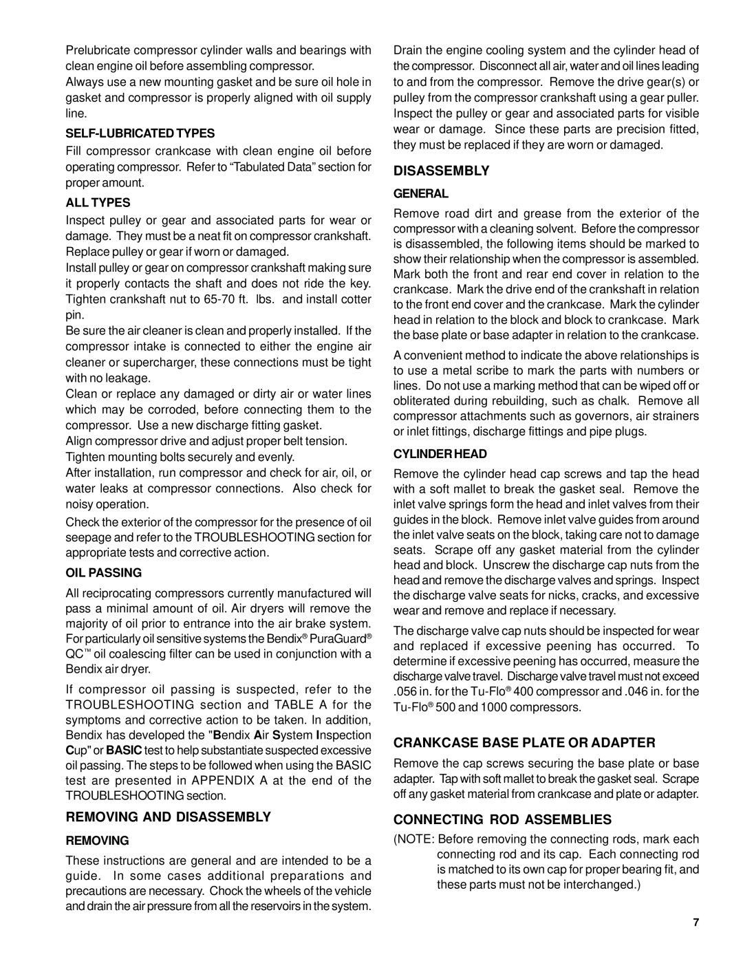 BENDIX TU-FLO 400-500-1000 AIR COMPRESSOR manual Crankcase Base Plate or Adapter, Removing and Disassembly 