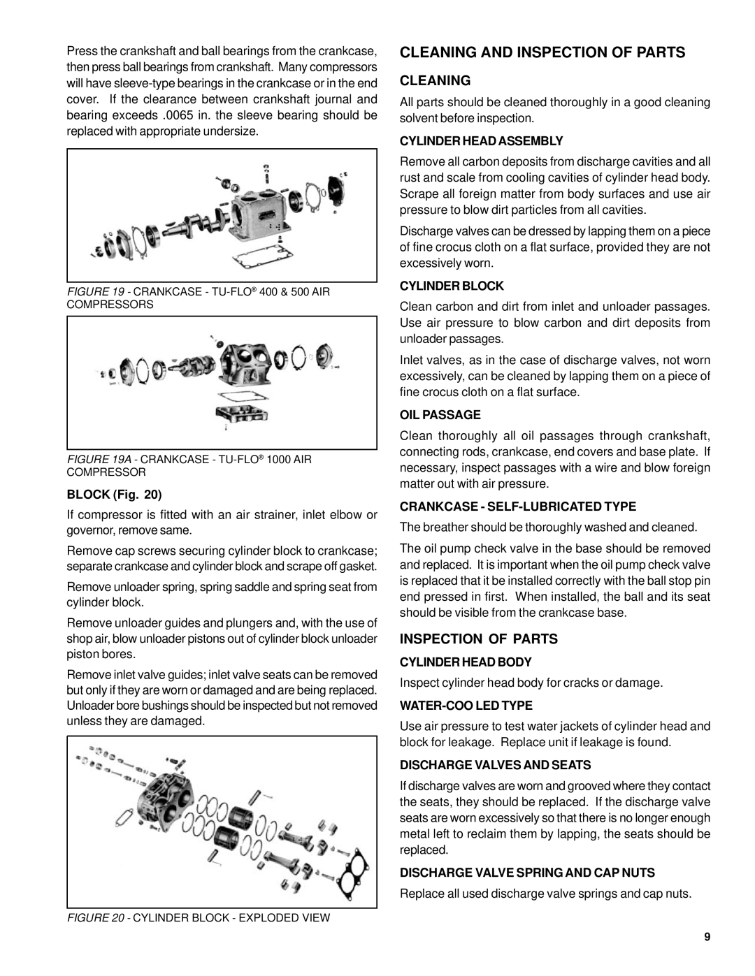 BENDIX TU-FLO 400-500-1000 AIR COMPRESSOR manual Cleaning, Inspection of Parts 