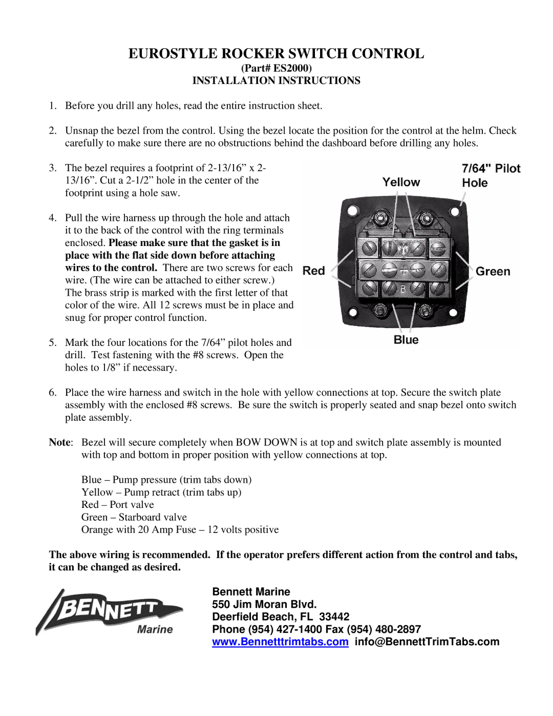 Bennett Marine ES2000 manual Eurostyle Rocker Switch Control, Installation Instructions 