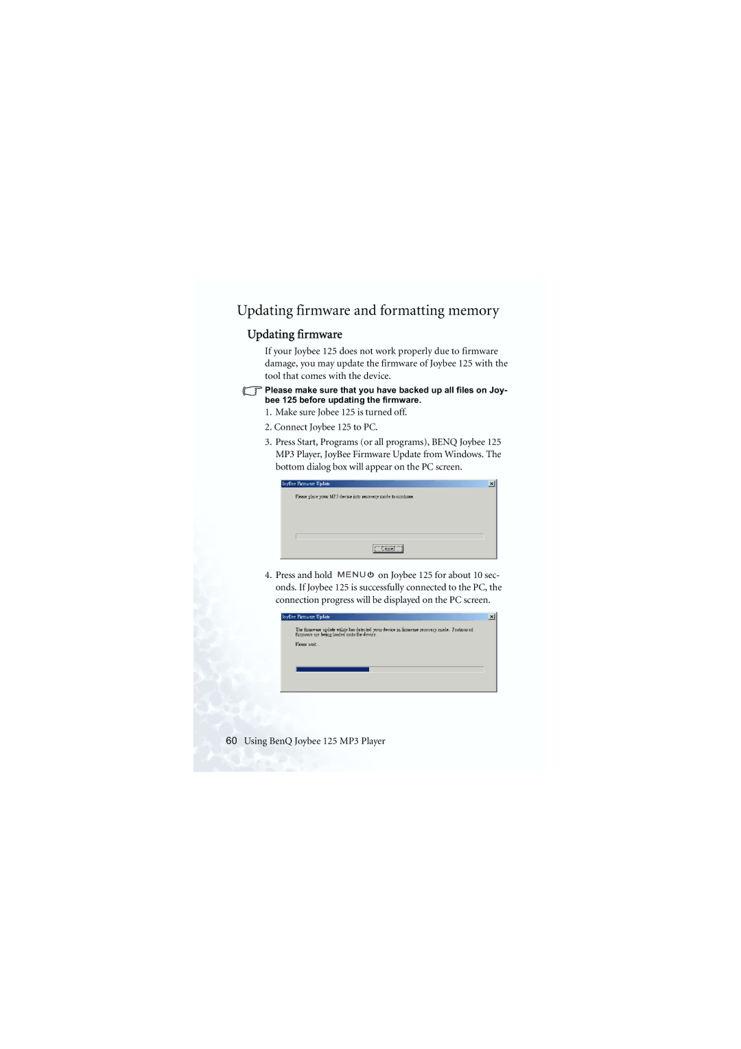 BenQ manual Updating firmware and formatting memory, Make sure Jobee 125 is turned off Connect Joybee 125 to PC 