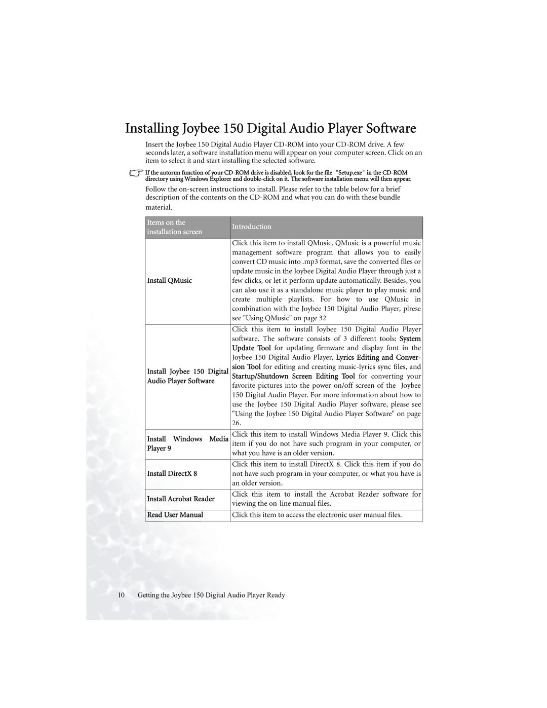 BenQ user manual Installing Joybee 150 Digital Audio Player Software 