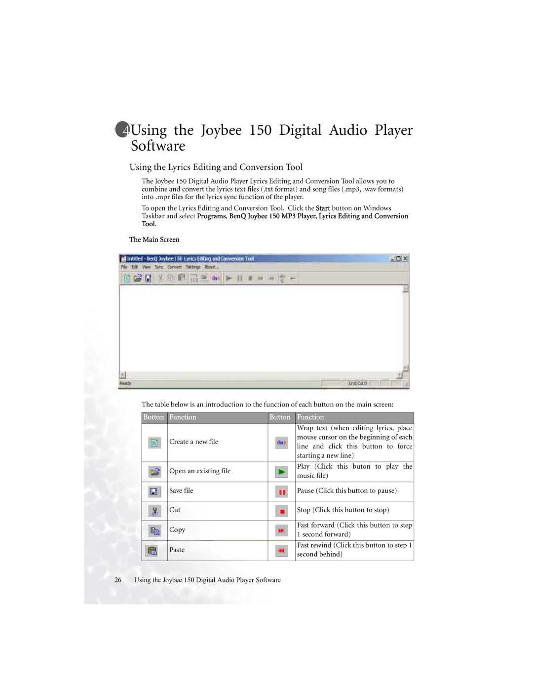 BenQ Using the Joybee 150 Digital Audio Player Software, Using the Lyrics Editing and Conversion Tool, Tool Main Screen 