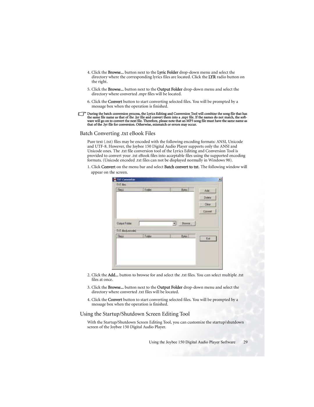 BenQ 150 user manual Batch Converting .txt eBook Files, Using the Startup/Shutdown Screen Editing Tool 