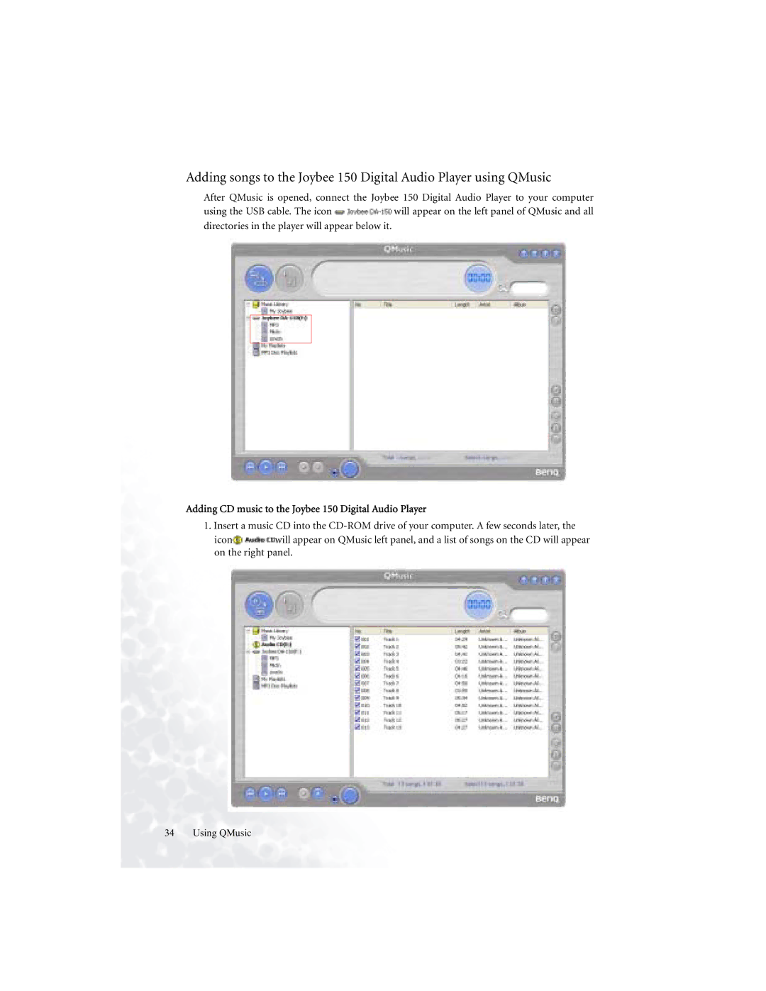 BenQ user manual Adding CD music to the Joybee 150 Digital Audio Player 