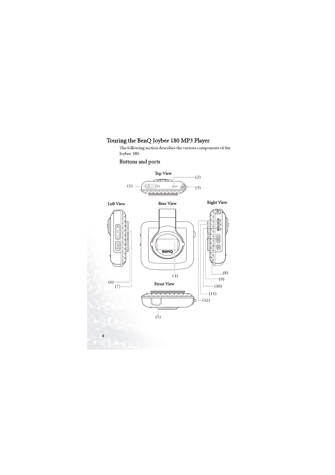 BenQ user manual Touring the BenQ Joybee 180 MP3 Player, Buttons and ports 