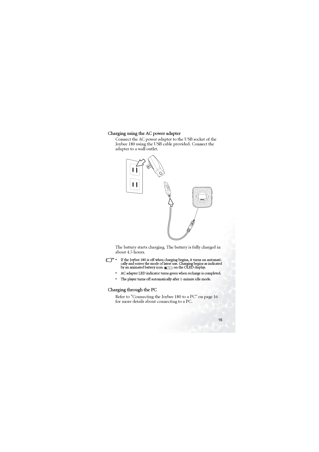 BenQ 180 user manual Charging using the AC power adapter, Charging through the PC 