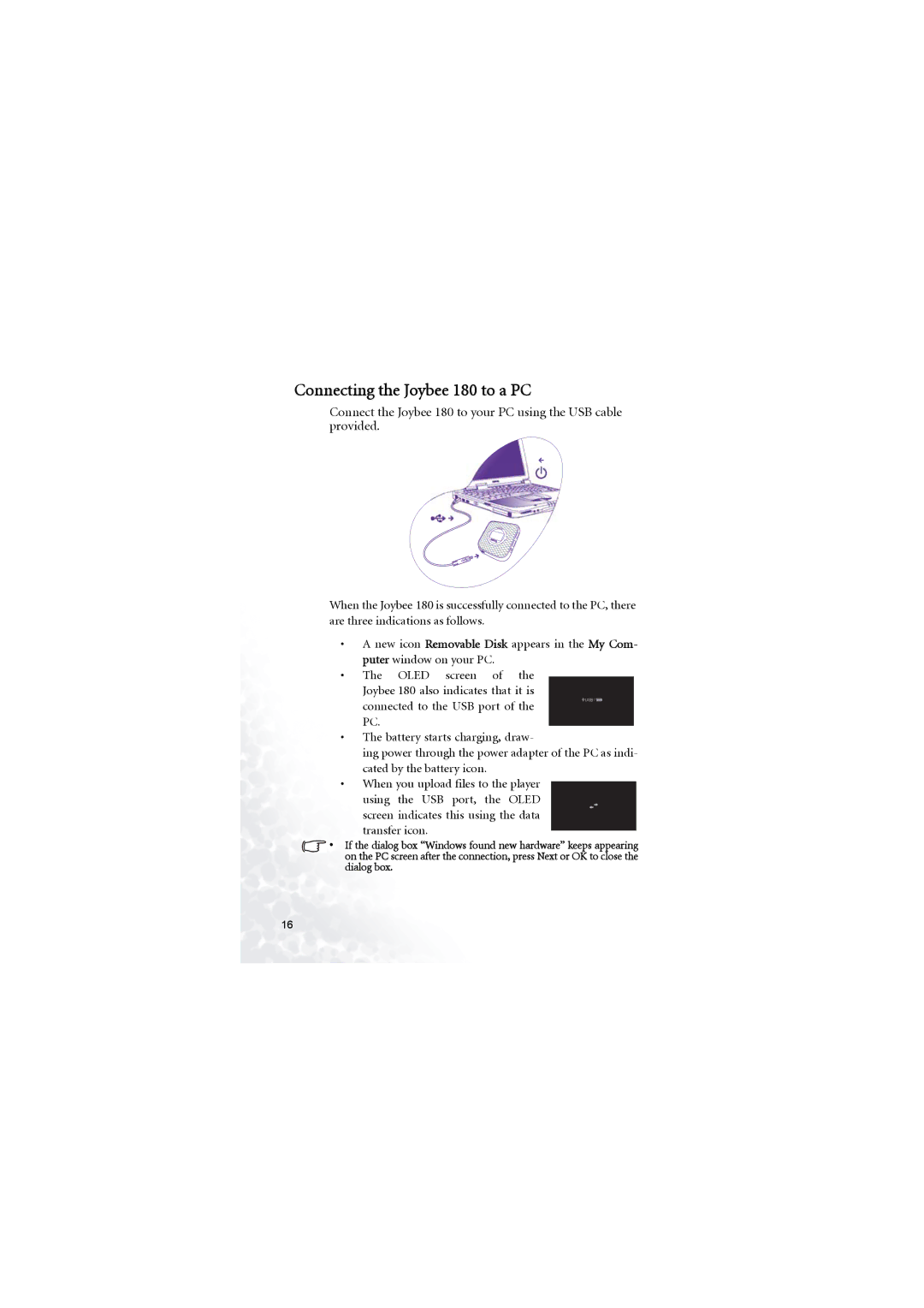 BenQ user manual Connecting the Joybee 180 to a PC 