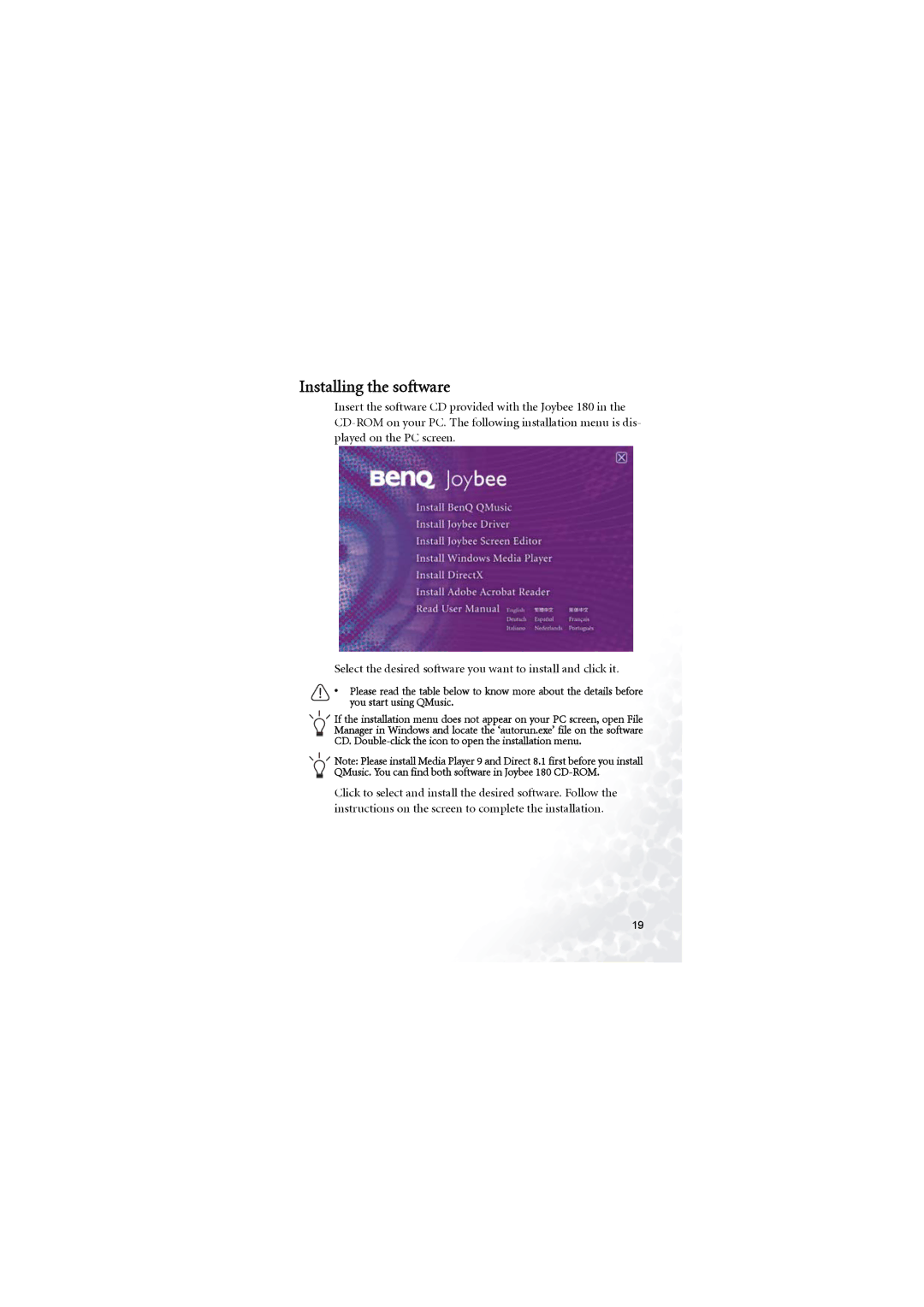 BenQ 180 user manual Installing the software 