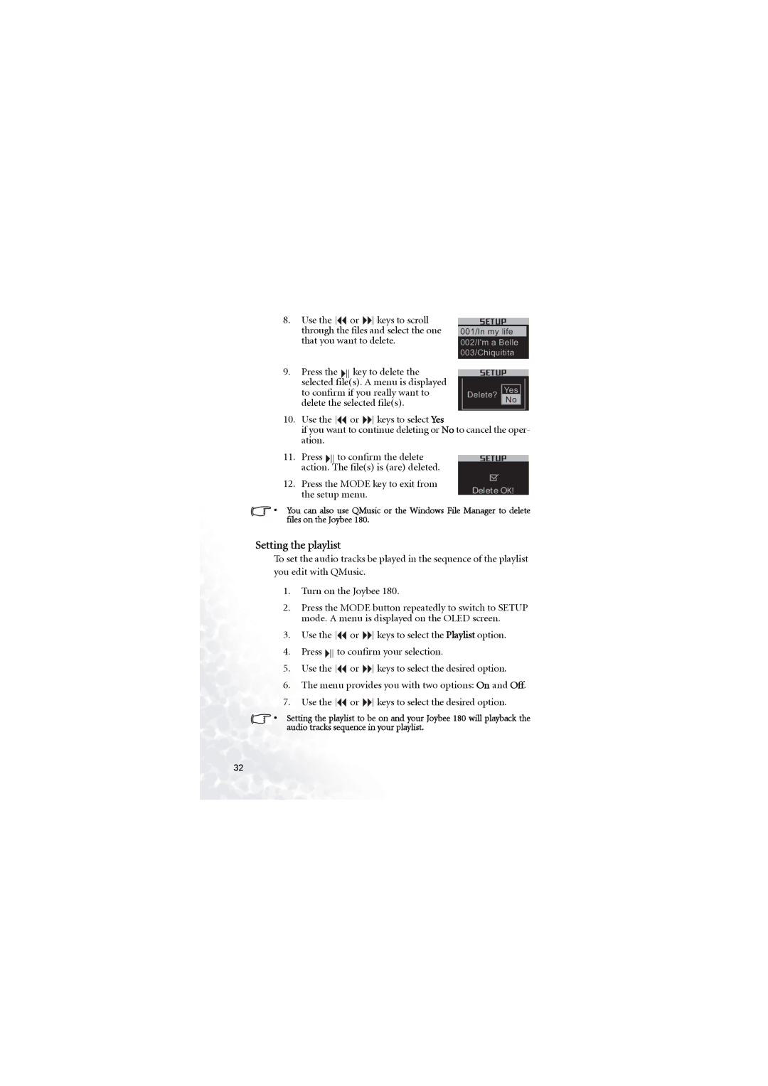 BenQ 180 user manual Setting the playlist, Setup menu 