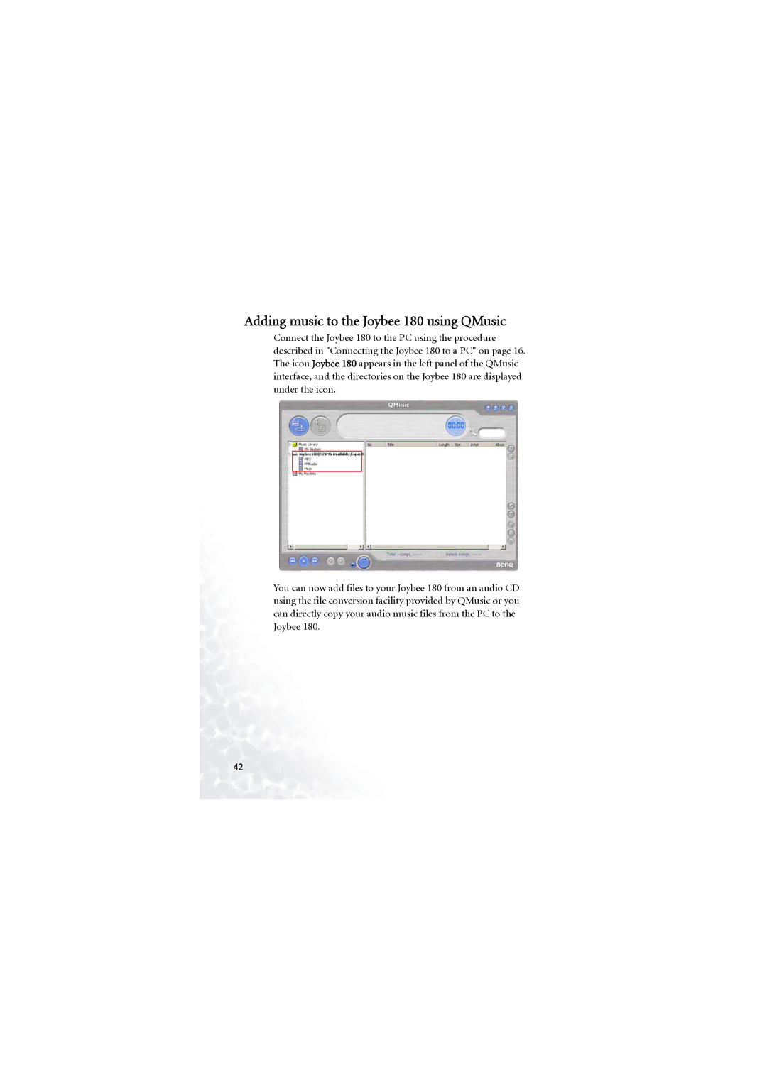 BenQ user manual Adding music to the Joybee 180 using QMusic 