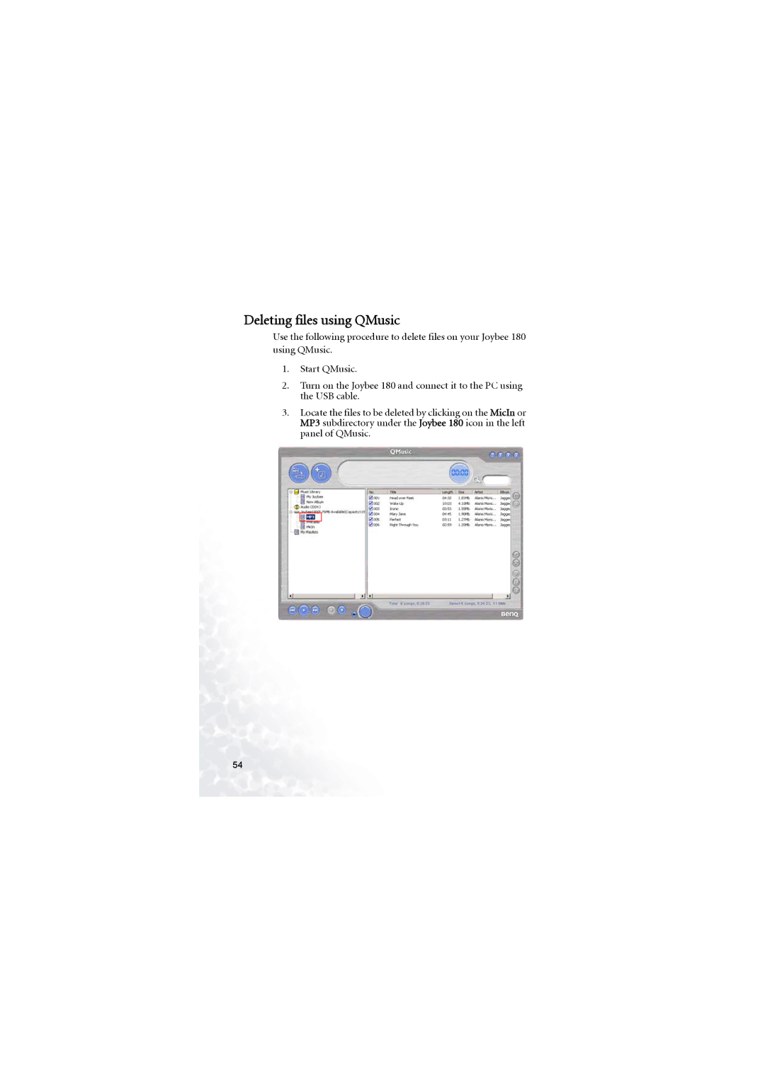 BenQ 180 user manual Deleting files using QMusic 