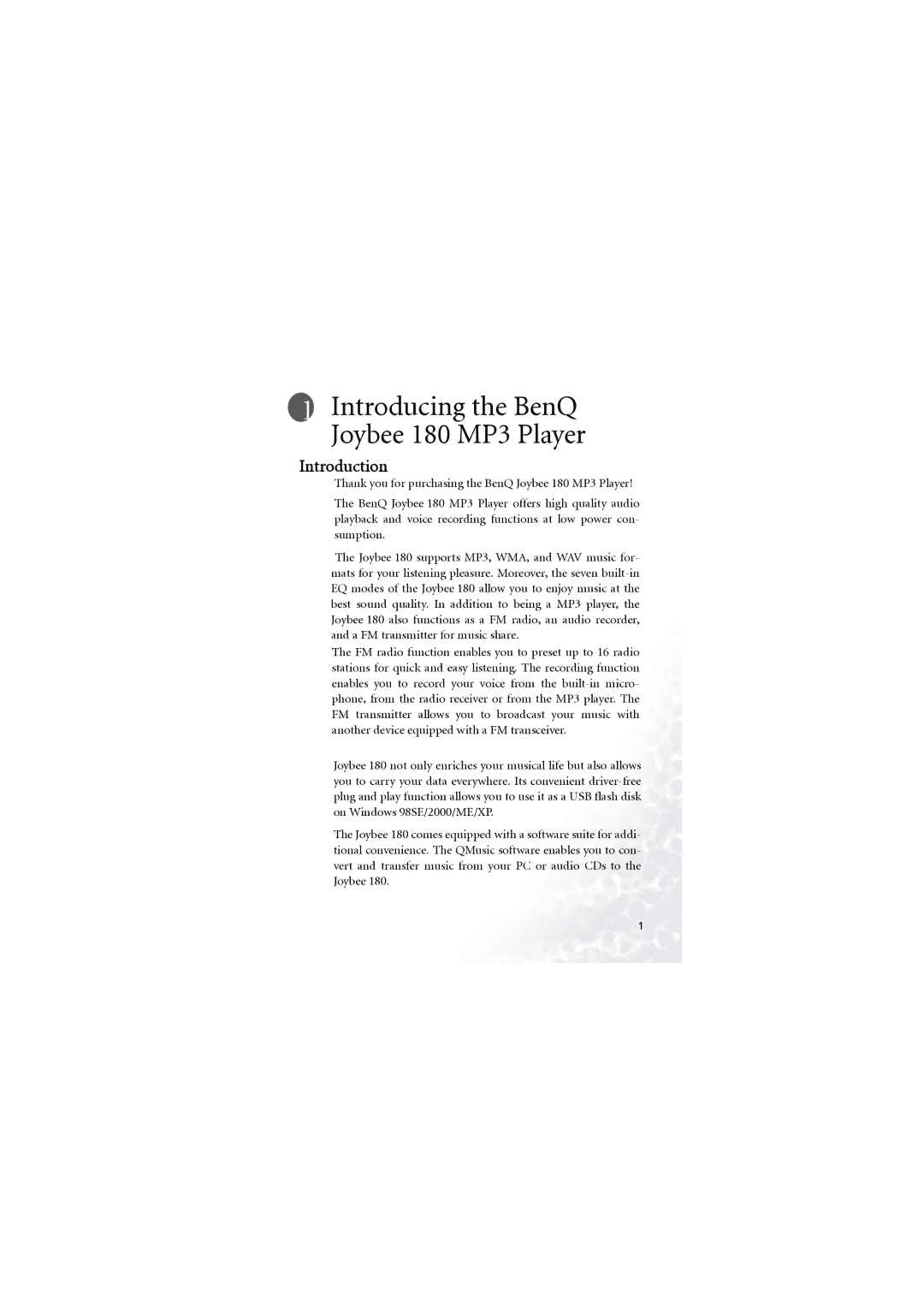 BenQ user manual Introducing the BenQ Joybee 180 MP3 Player, Introduction 