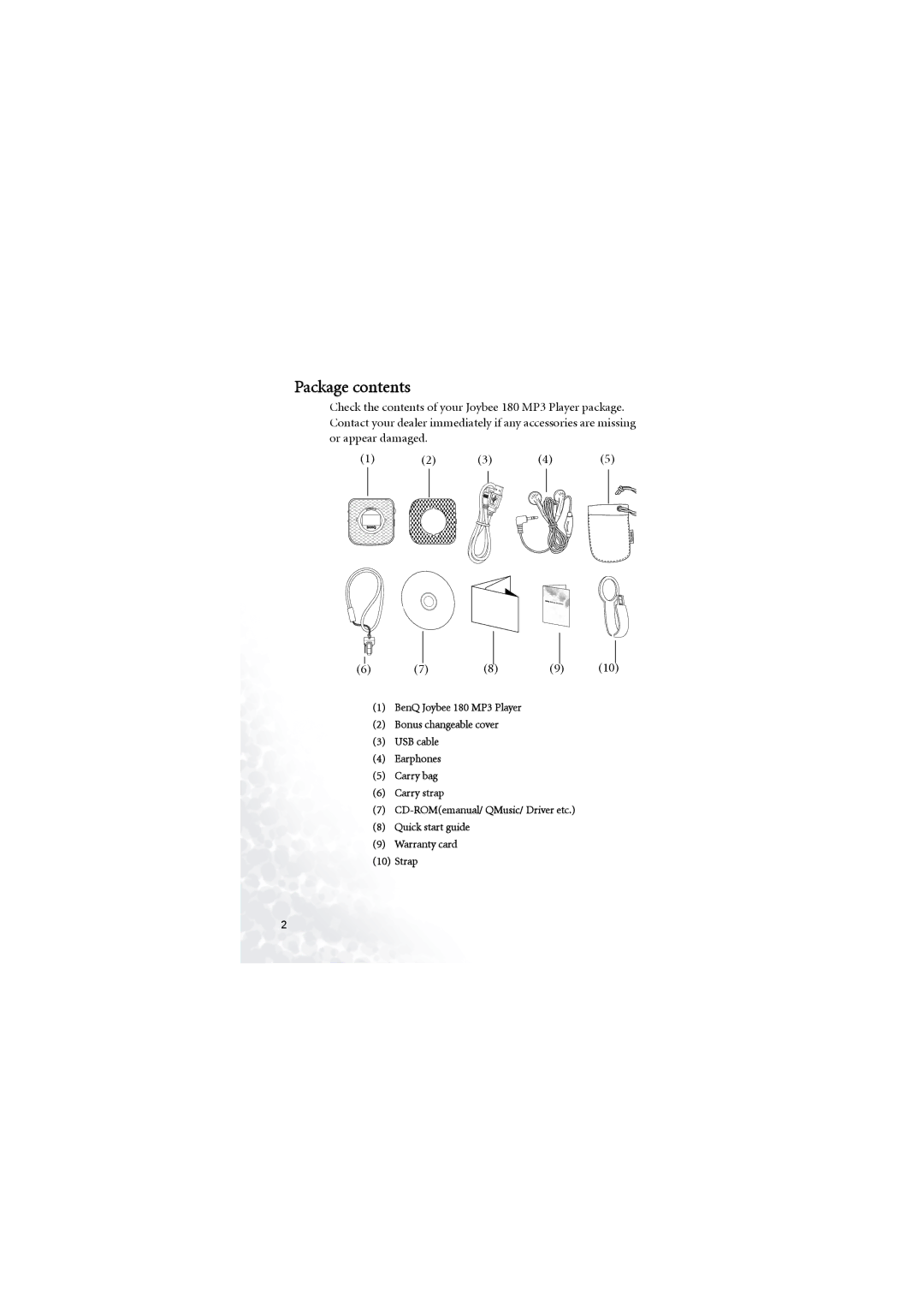 BenQ 180 user manual Package contents 