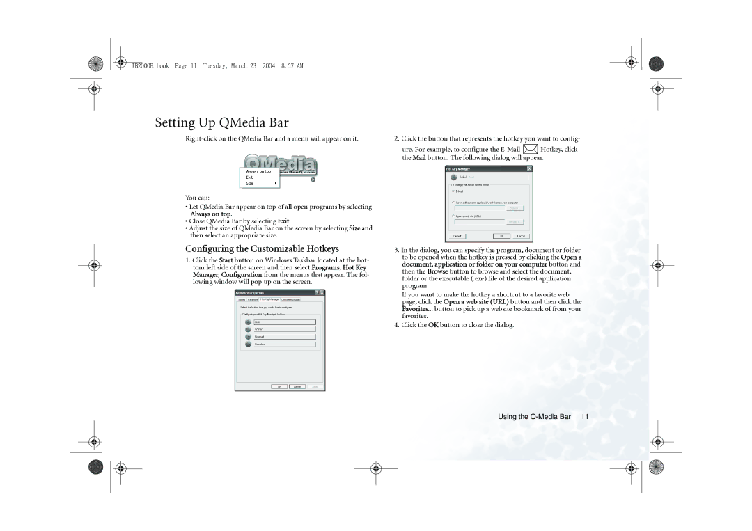 BenQ 2000 Series user manual Setting Up QMedia Bar, Configuring the Customizable Hotkeys 