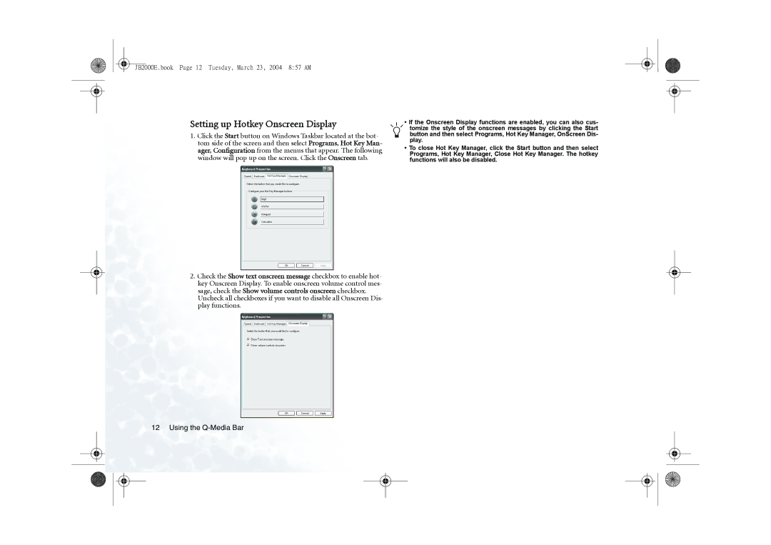 BenQ 2000 Series user manual Setting up Hotkey Onscreen Display 