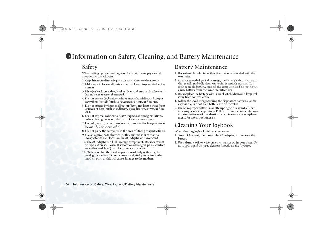 BenQ 2000 Series user manual Information on Safety, Cleaning, and Battery Maintenance, Cleaning Your Joybook 