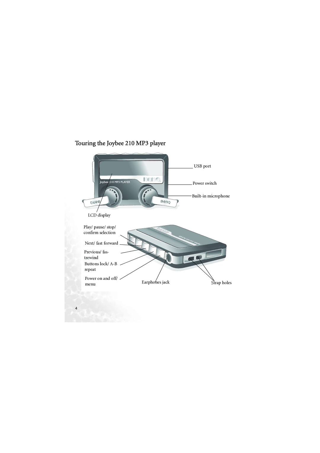 BenQ user manual Touring the Joybee 210 MP3 player, Menu, USB port Power switch Built-in microphone Strap holes 