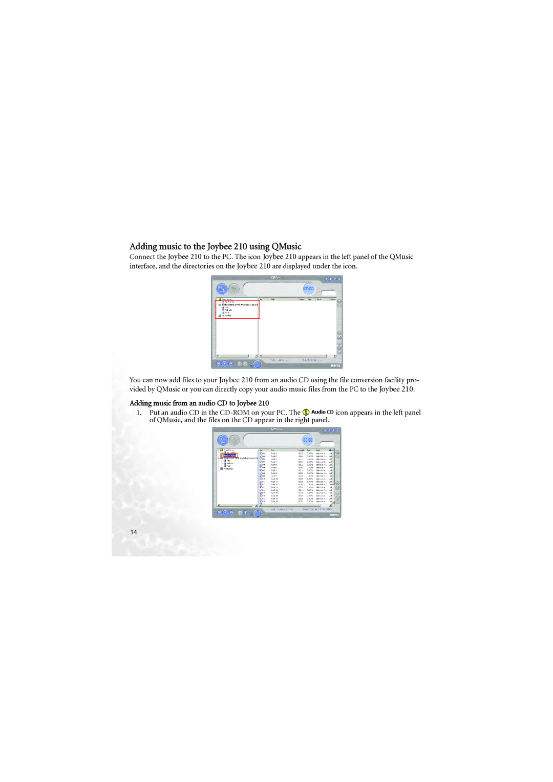 BenQ user manual Adding music to the Joybee 210 using QMusic, Adding music from an audio CD to Joybee 