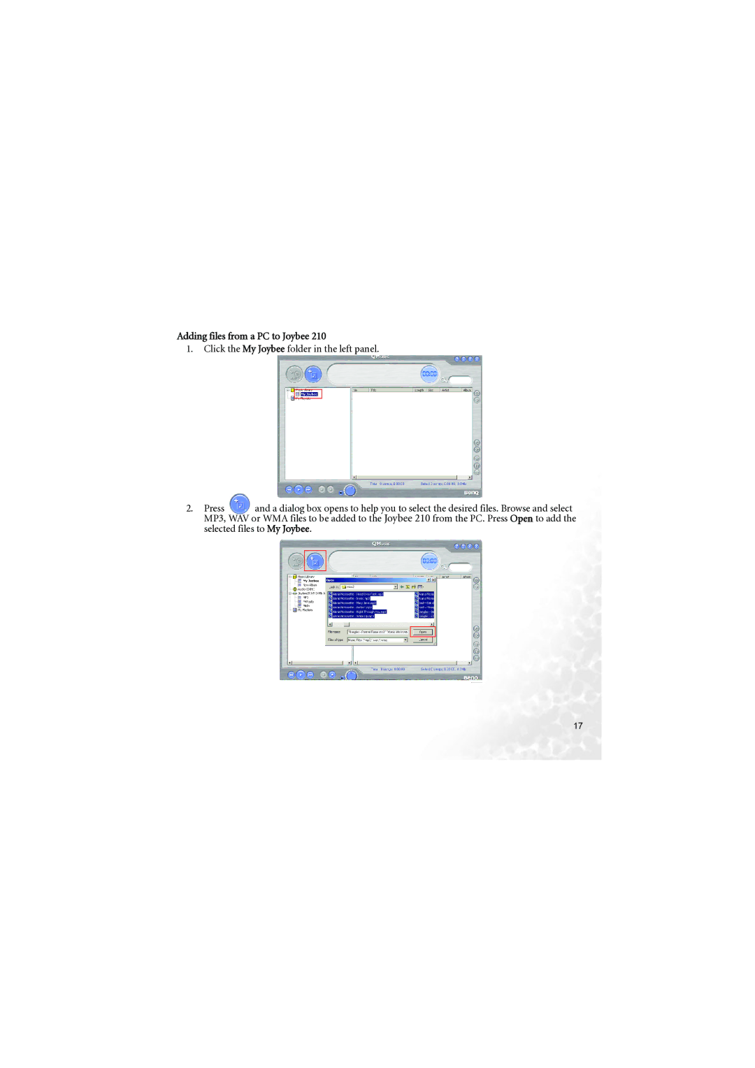 BenQ 210 user manual Adding files from a PC to Joybee 