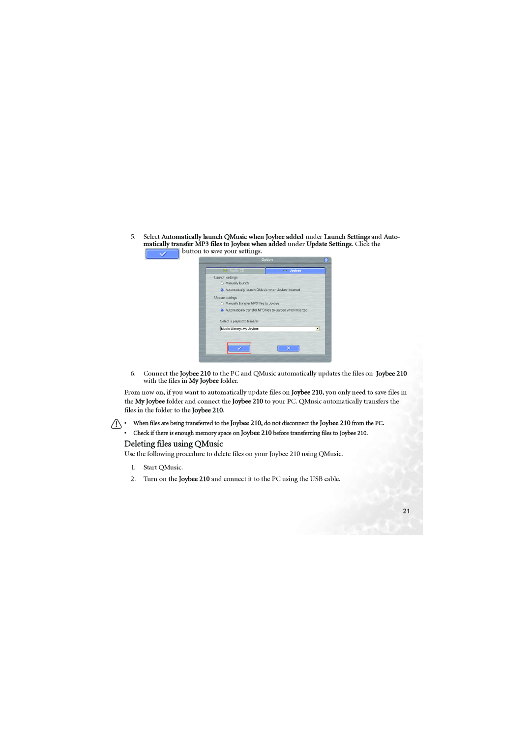 BenQ 210 user manual Deleting files using QMusic 