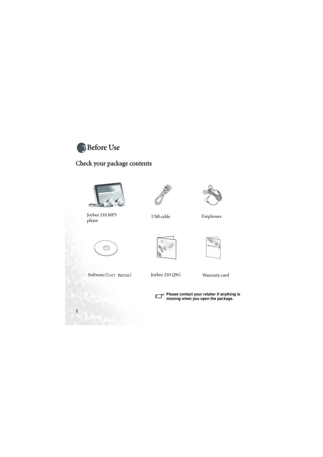 BenQ 210 user manual Before Use, Check your package contents, Software/User manual 