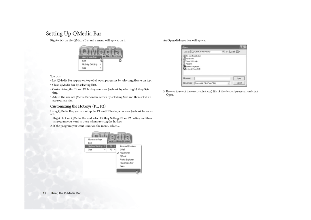 BenQ 5000G Series user manual Setting Up QMedia Bar, Customizing the Hotkeys P1, P2 