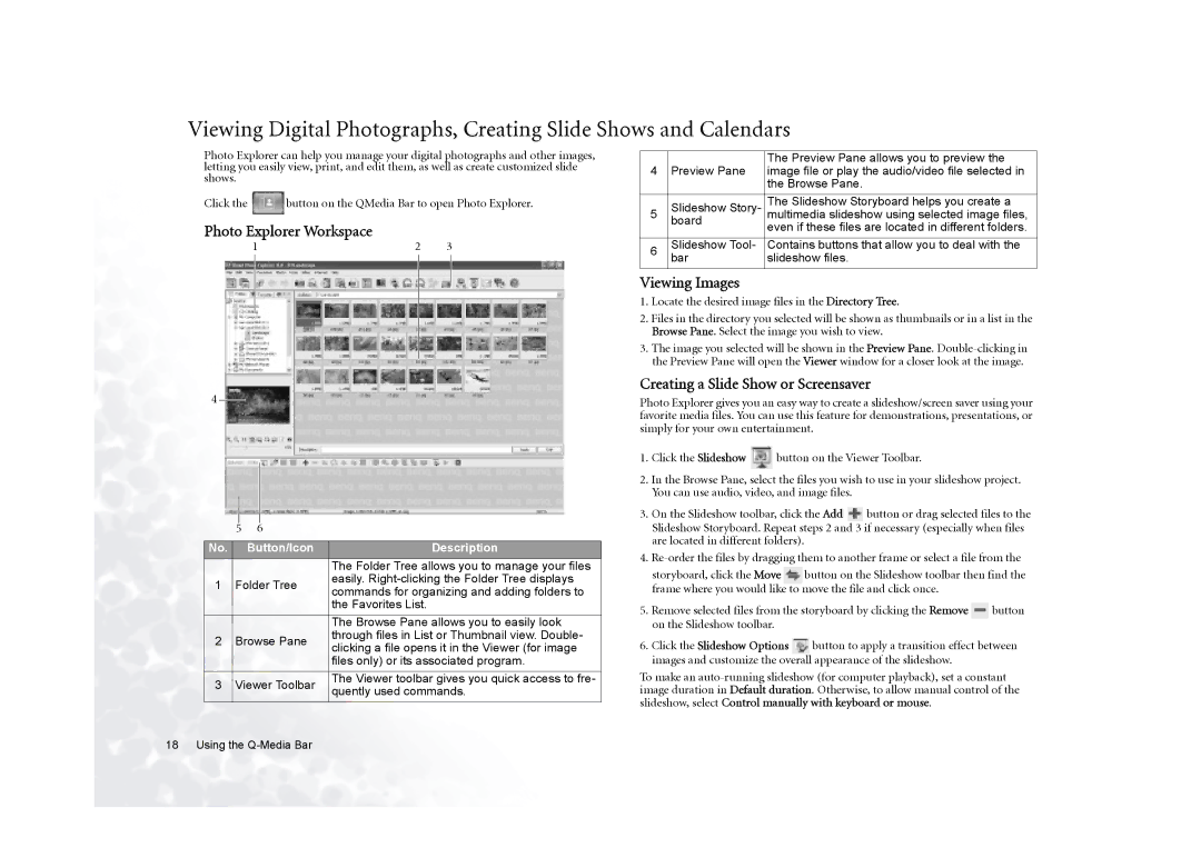 BenQ 5000G Series user manual Photo Explorer Workspace, Viewing Images, Creating a Slide Show or Screensaver 