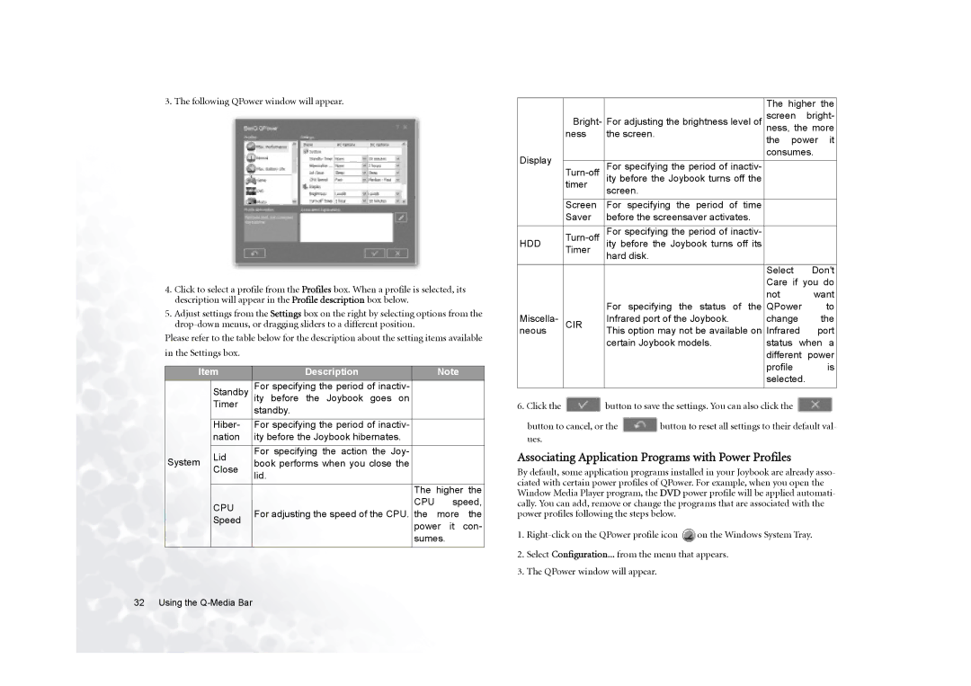 BenQ 5000G Series Associating Application Programs with Power Profiles, Following QPower window will appear, Speed 