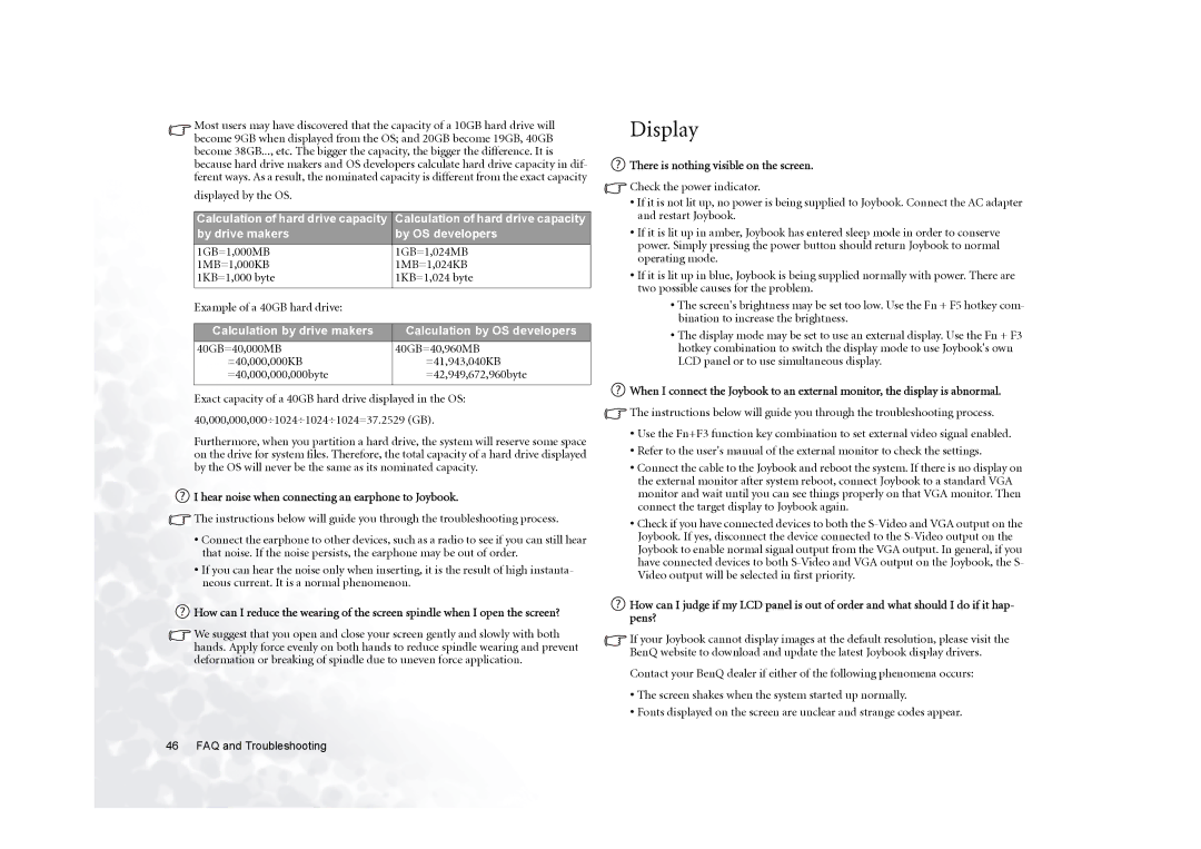 BenQ 5000G Series user manual Displayed by the OS, Hear noise when connecting an earphone to Joybook 