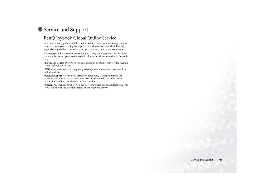 BenQ 5000G Series user manual Service and Support, BenQ Joybook Global Online Service 