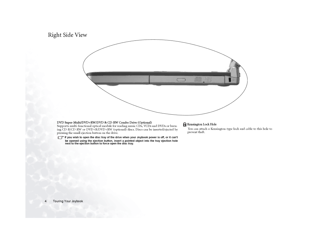 BenQ 5000G Series Right Side View, DVD Super-Multi/DVD+RW/DVD & CD-RW Combo Drive Optional, Kensington Lock Hole 