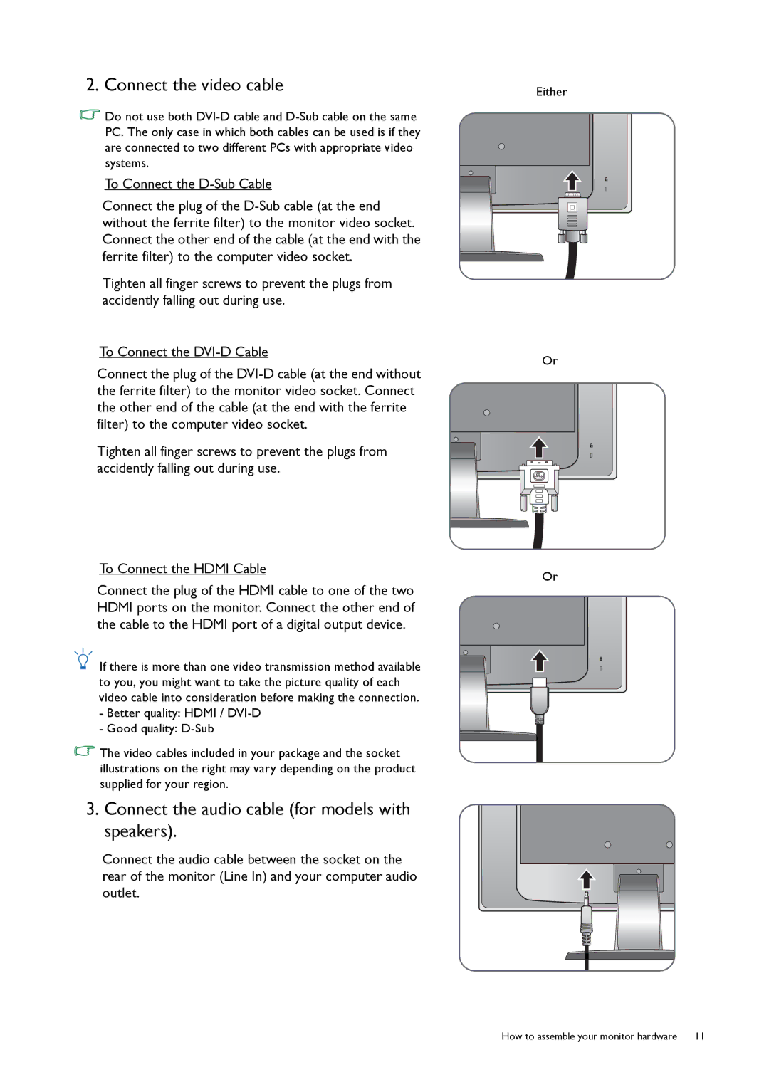 BenQ GW2250, 9H.L8PLB.QPA user manual Connect the video cable, Connect the audio cable for models with speakers 