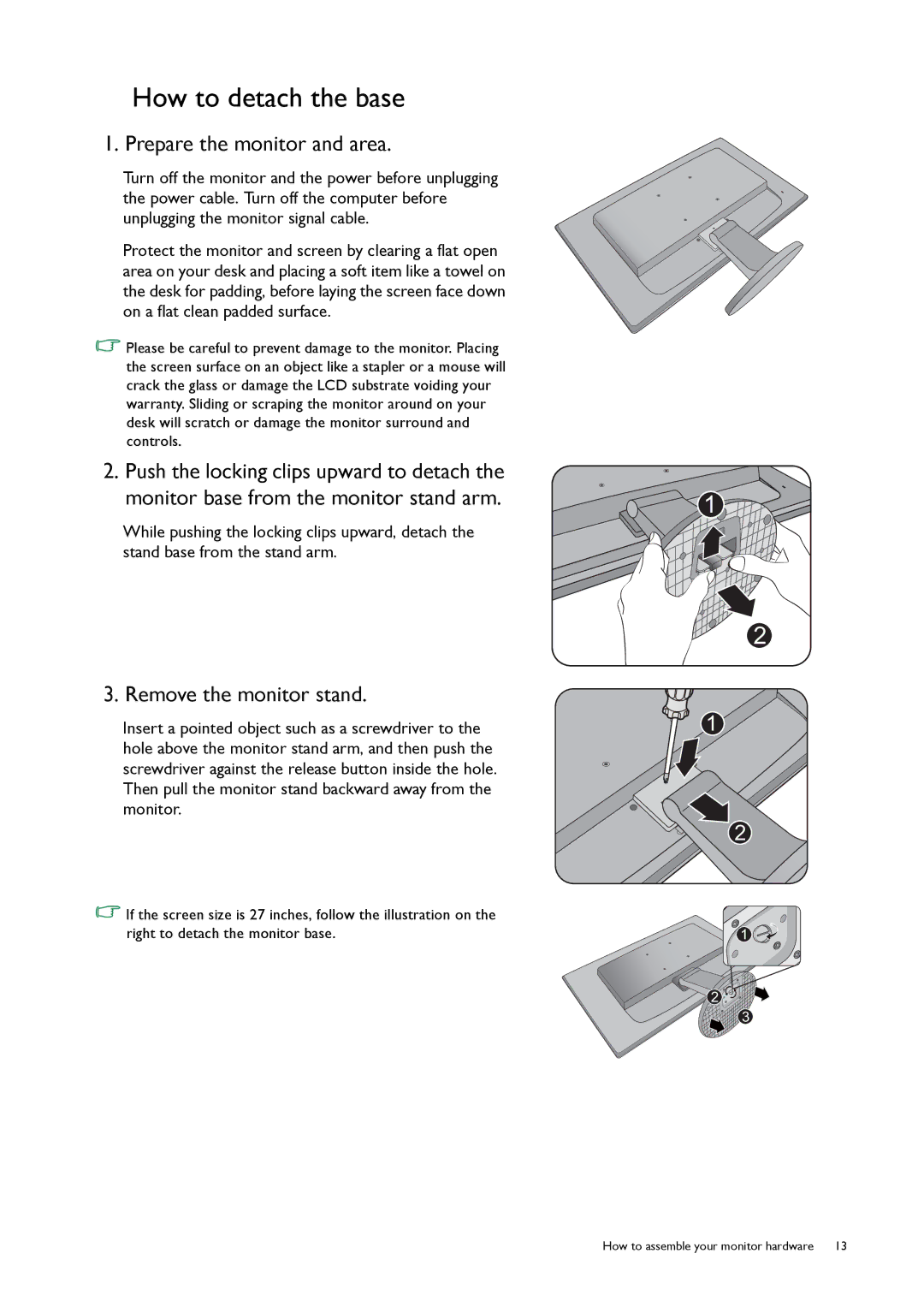 BenQ GW2250, 9H.L8PLB.QPA user manual How to detach the base, Prepare the monitor and area, Remove the monitor stand 