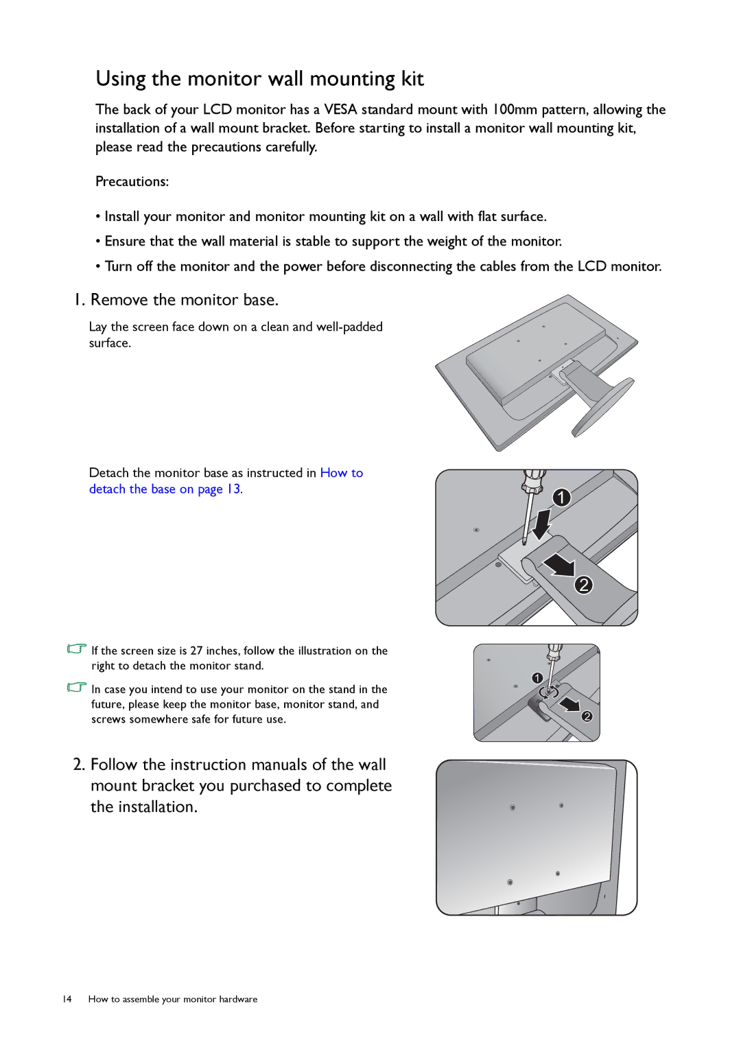 BenQ 9H.L8PLB.QPA, GW2250 user manual Using the monitor wall mounting kit, Remove the monitor base 