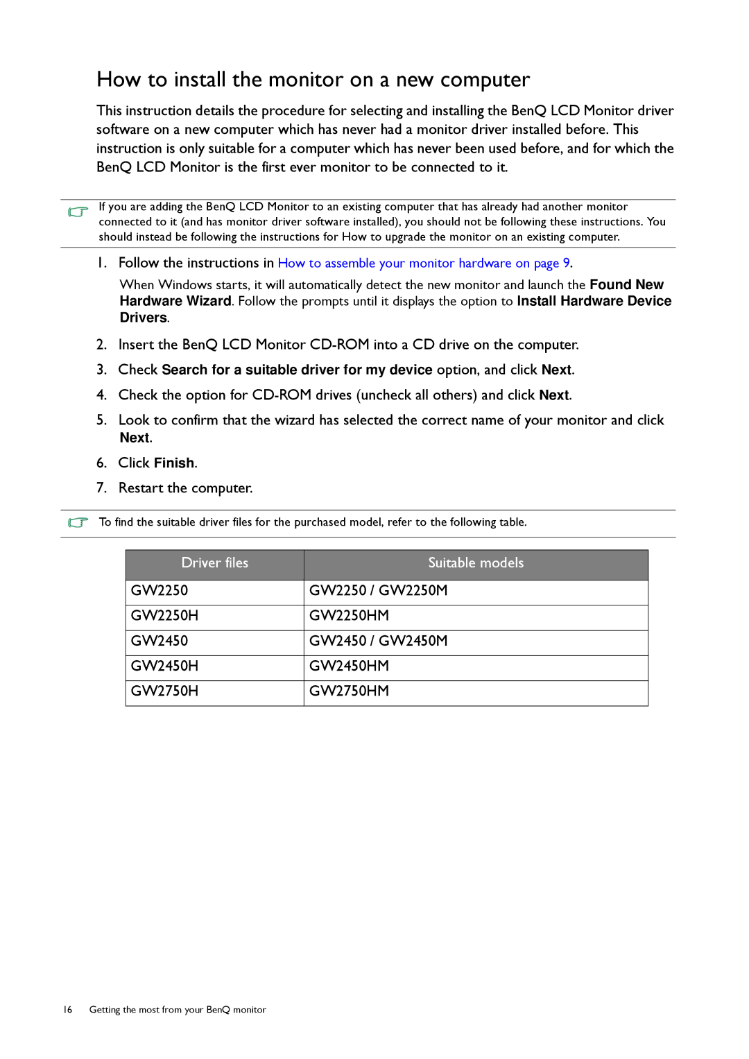 BenQ 9H.L8PLB.QPA, GW2250 user manual How to install the monitor on a new computer, Driver files Suitable models 