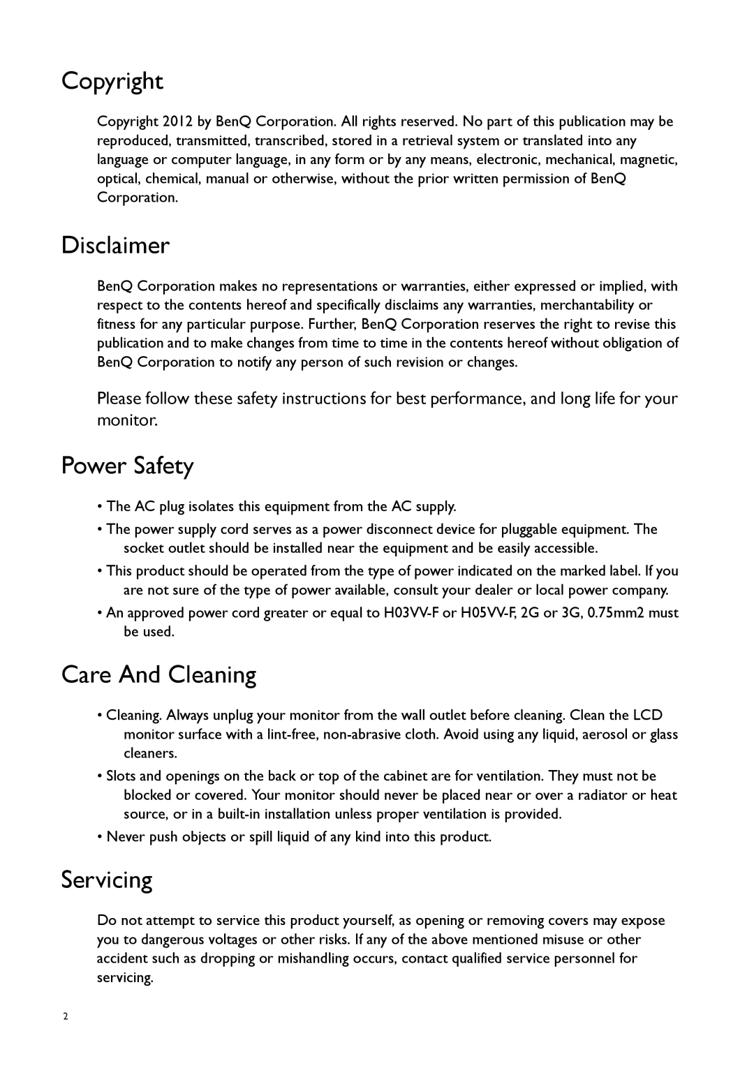 BenQ 9H.L8PLB.QPA, GW2250 user manual Copyright, Disclaimer, Power Safety, Care And Cleaning, Servicing 