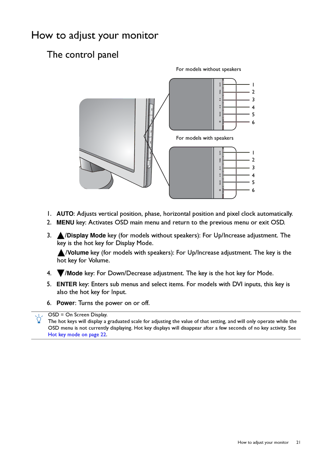 BenQ GW2250, 9H.L8PLB.QPA user manual How to adjust your monitor, Control panel 